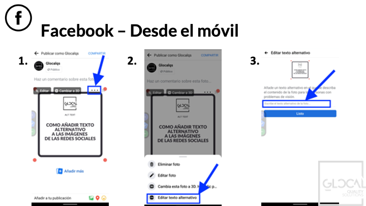 Cuando subes una imagen a Facebook desde el móvil, en la parte superior derecha hay 3 puntos que indican “opciones”, una vez pulsado aparece una lista de acciones, en donde la última es “editar texto alternativo”.