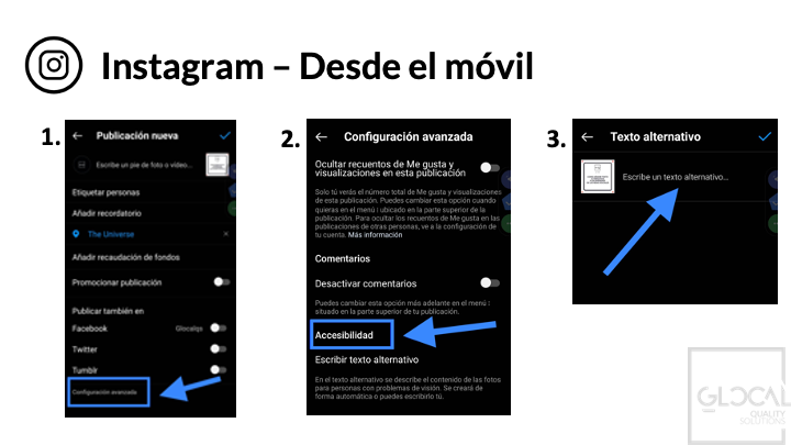 Cuando subes una imagen a Instagram desde el móvil, para añadir el texto alternativo tienes que ir a configuración avanzada, último en la lista. Ahí está el apartado de accesibilidad donde puedes añadir el texto alternativo.